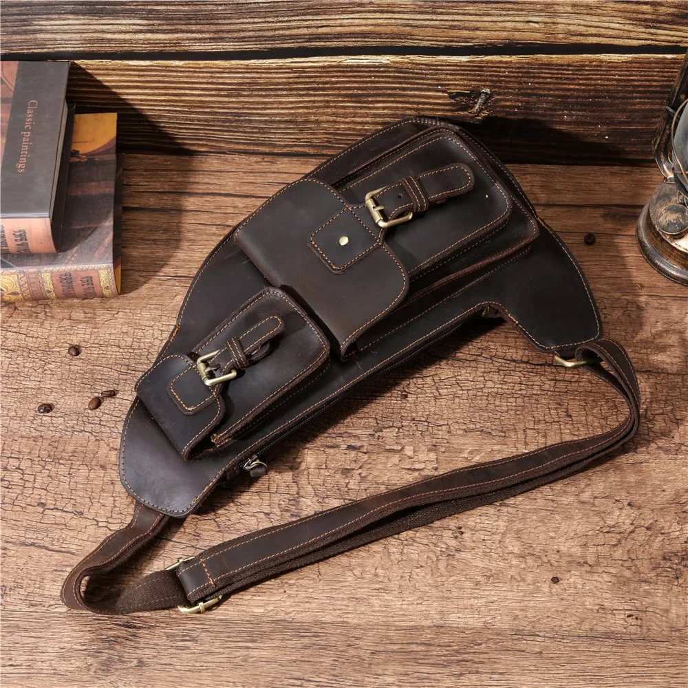 Genuine Leather Men's Chest Bag Top Layer Cowhide Shoulder Bag Fashion Casual Sports Messenger Large Capacity Mobile Phone Bag