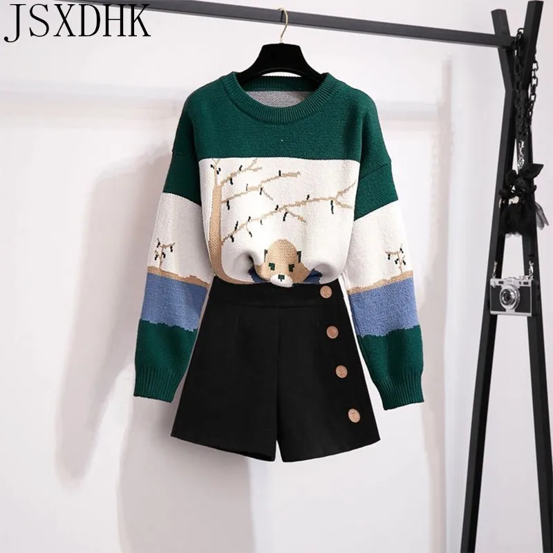 

Модные женские вязаные костюмы, свободный свитер с круглым вырезом, черные однобортные шорты, комплекты для женщин, Новые повседневные Кост...