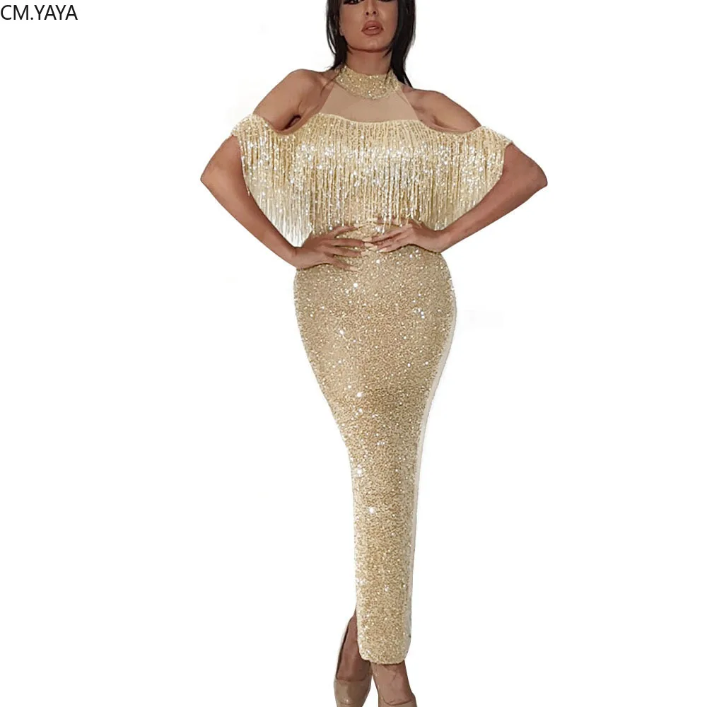 Осеннее Женское Платье макси с блестками и вырезами на плечах кисточками для