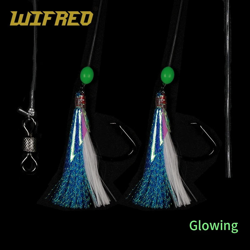 10Sets 5/0 Luminous Sabiki Saltwater Fishing Flash Bait Rig Fish Skin Flies Sea Fishing Glowing Lure with 2 Hook