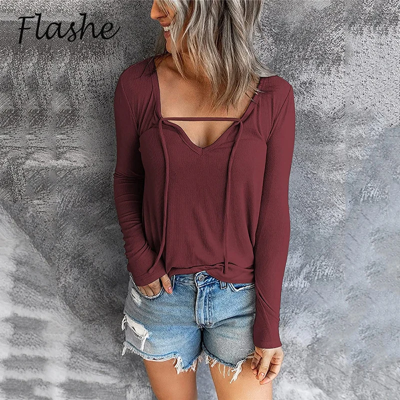 

Women Long Sleeve T-Shirts Fashion Solid V-Neck Spring Autumn Solid Tee Loose Casual Lady 2021 Women T-Shirt 2022