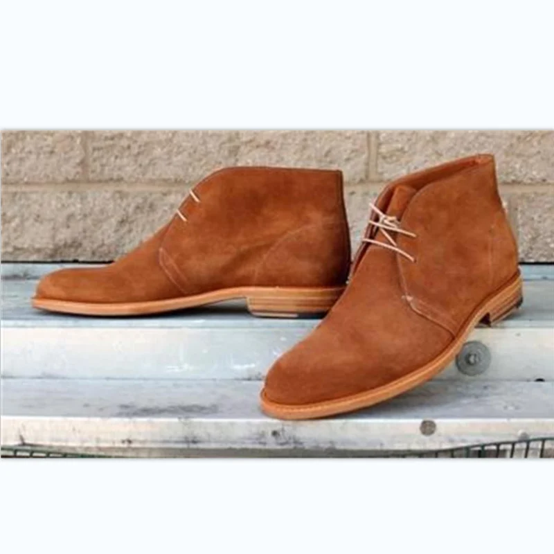 

2021 New Men Fashion Trend Classic All-match Dress Shoes Handmade Brown Suede Round Toe Low-heel Lace-up Daily Ankle Boots KS499