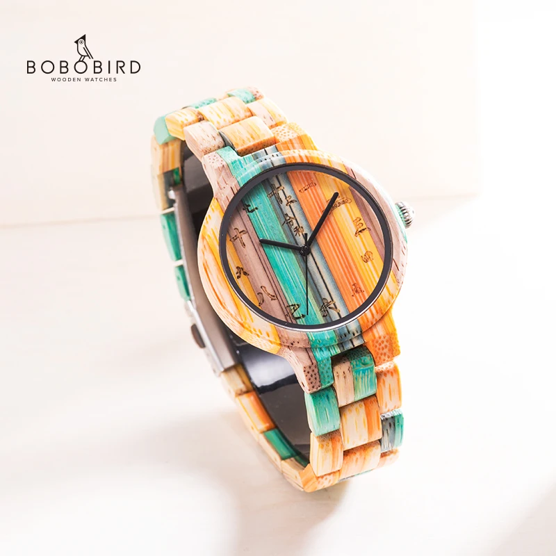 BOBO BIRD Couple watch Wooden Clock ペアウォッチ Fashion Color Wood Quartz Wrist Watch Best Gift For Wife With Box zegarek damski