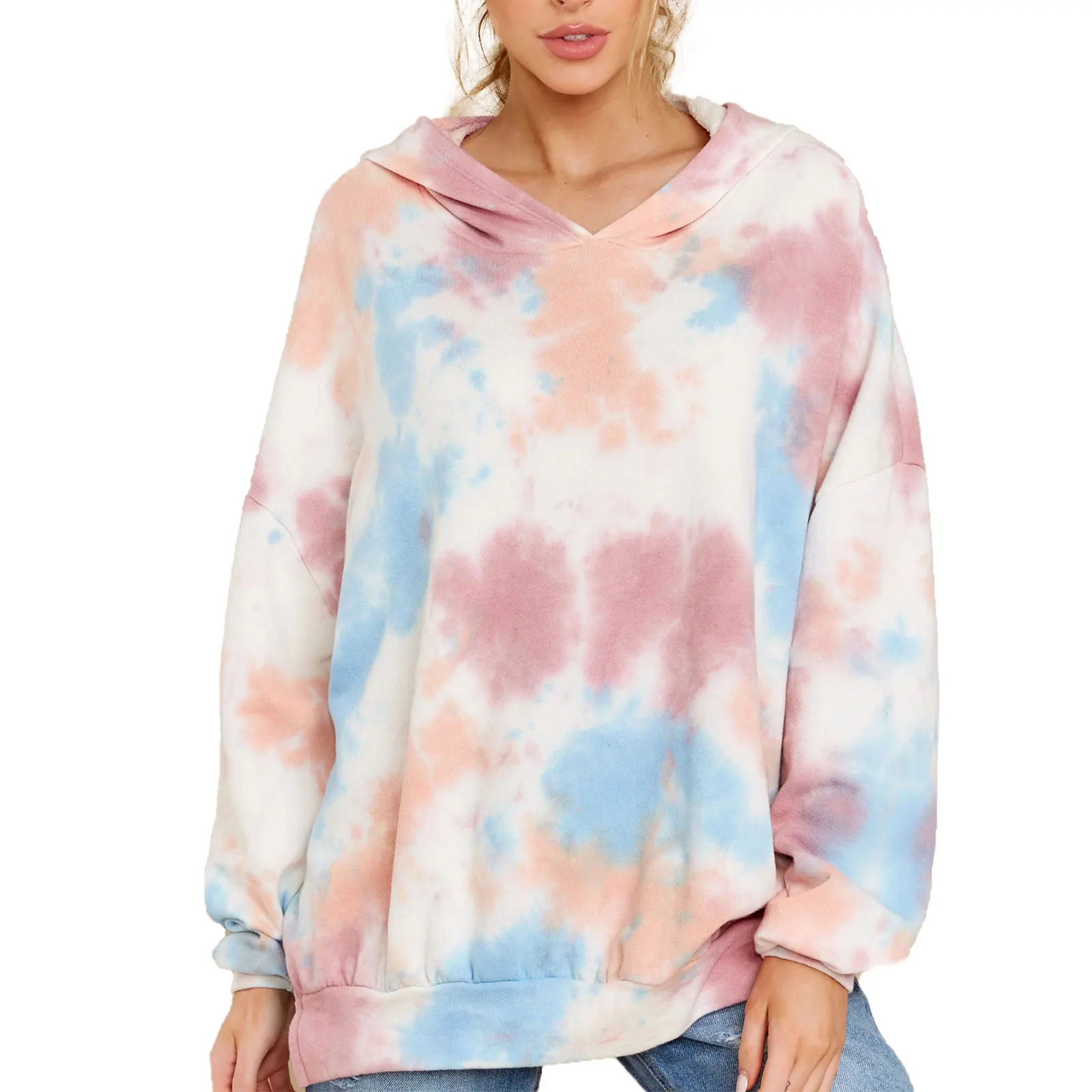 

Women Tie-dye Print Hoodie, Spring and Summer Casual Style Long Sleeve V-neck Slit Pullover