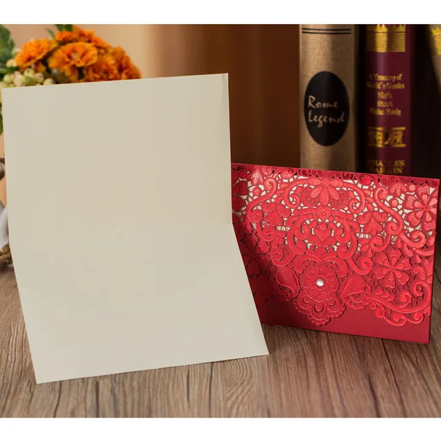 Red 2 Cover insert 10 шт. золотой, красный, белый лазерный разрез роскошный Флора свадебные приглашения карты Элегантный принт конверты Свадебные украшения - Цвет: Red 2 Cover insert