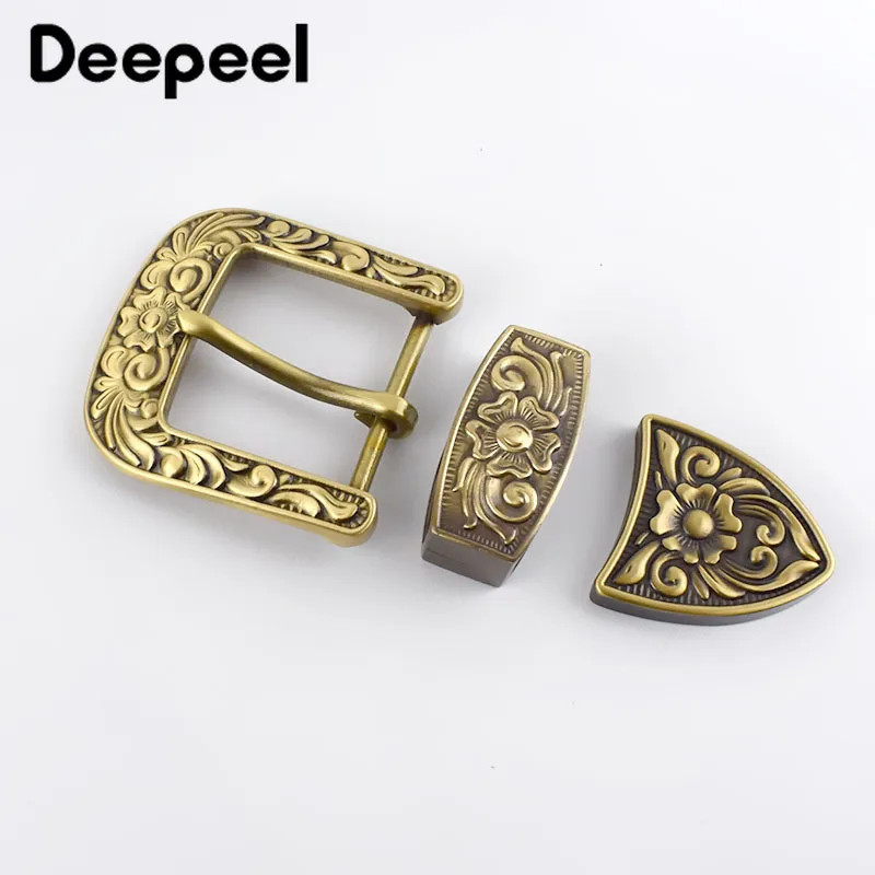 Deepeel 1set(3pcs) 35/40mm Solid Brass High Quality Carved Pin Belt Buckle Head Jeans Accessory DIY Leather Craft Hardware Decor