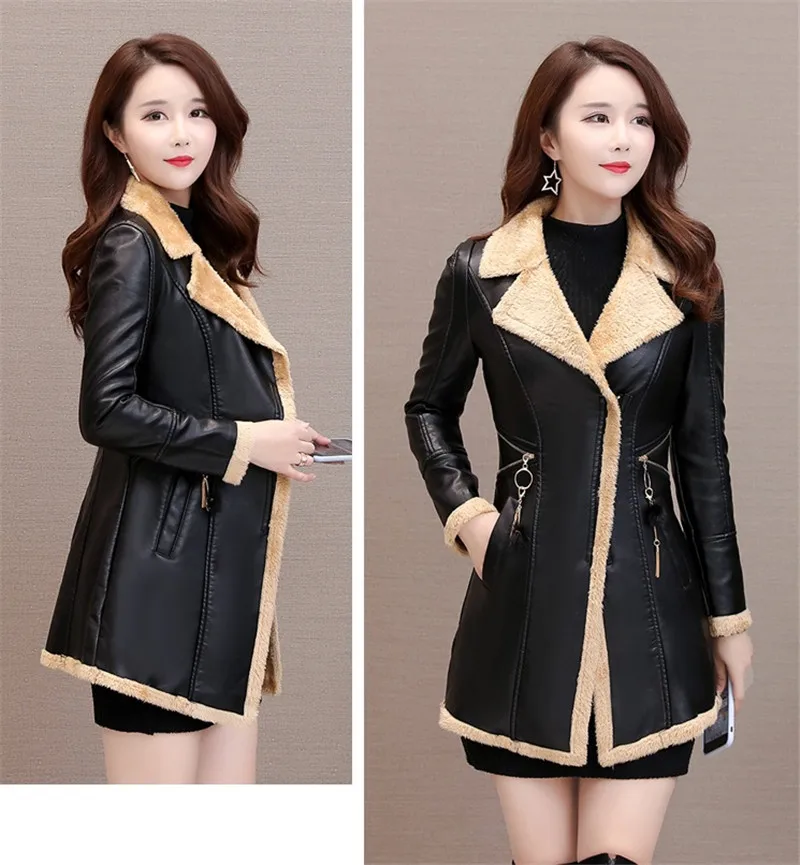 Women Leather Windbreaker Plus Velvet Thick PU Leather Cotton Coat Long Suit Collar Large Size Fashion Warm Leather Jacket