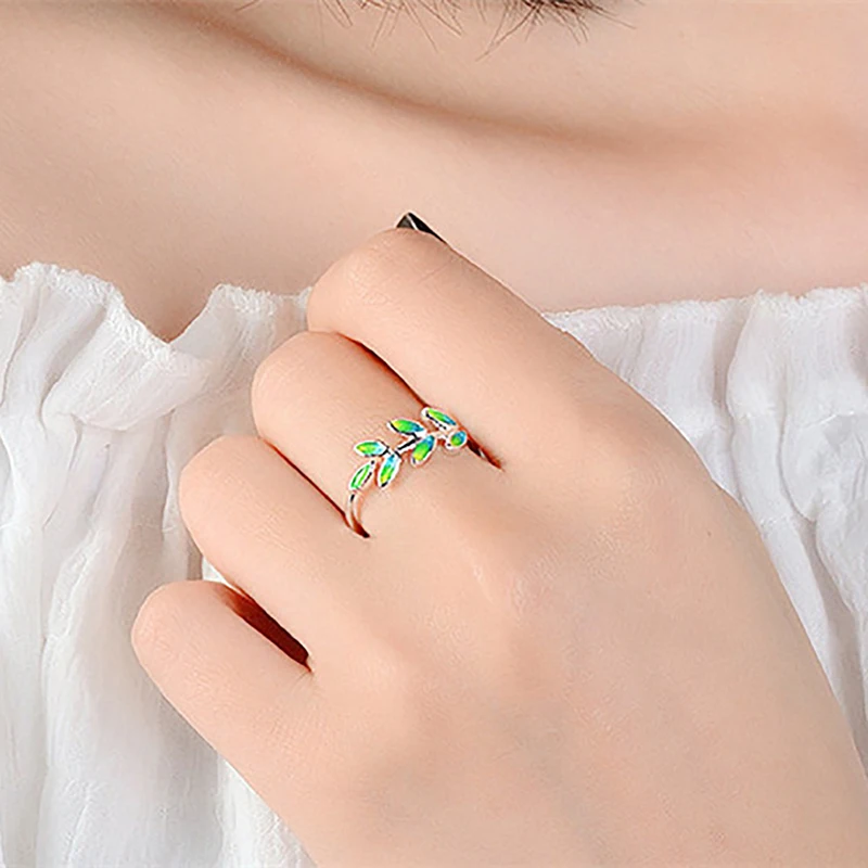 

Trendy Silver Green Color Minimalist Jewelry Clear CZ Olive Leaves Adjustable Rings For Women Girl Party Gifts