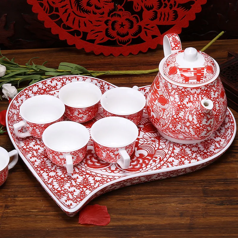 

Chinese Wedding Ceramic Tea Pot Set Traditional Teacup Happiness Red Teapot Heart-shaped Tray Set Teaware Marriage Celebration