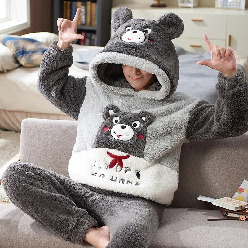 

Lovers Fashion Nightgown Underwear Lady Long Sleeve Hedging Hooded Pajamas Sets Loose Women Winter Two-Piece Suit Men's Homewear