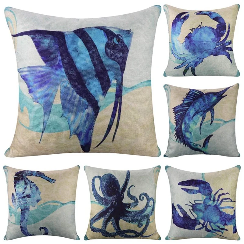 

6 Pack Mediterranean Style Throw Pillow Case,Ocean Theme Decorative Square Cushion Cover 18x18Inch Sea Theme