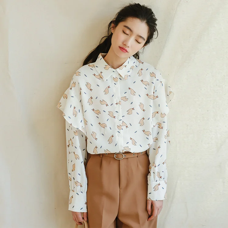 Блузка с оборками и цветочным рисунком весна новинка 2020 длинным рукавом для