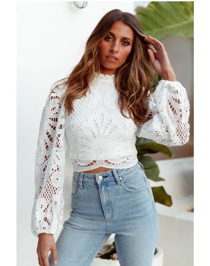 Женские кружевные блузки с длинным рукавом белые топы вязаные крючком