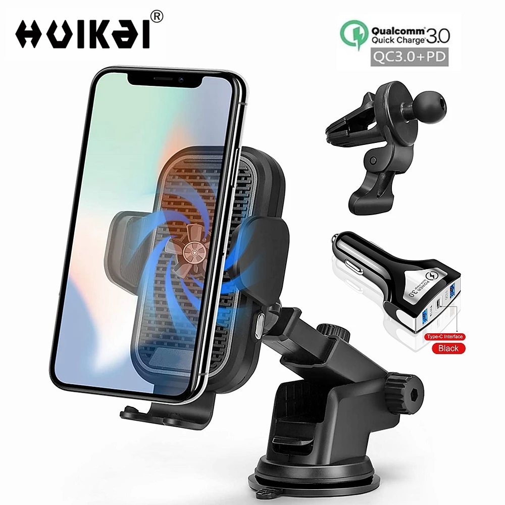 Wireless Car Charger 15 W with Cooling Fan Auto-Clamping Qi Fast Charge Car Phone Holder iPhone 12 12 Pro Max 11 Samsung S20 S10