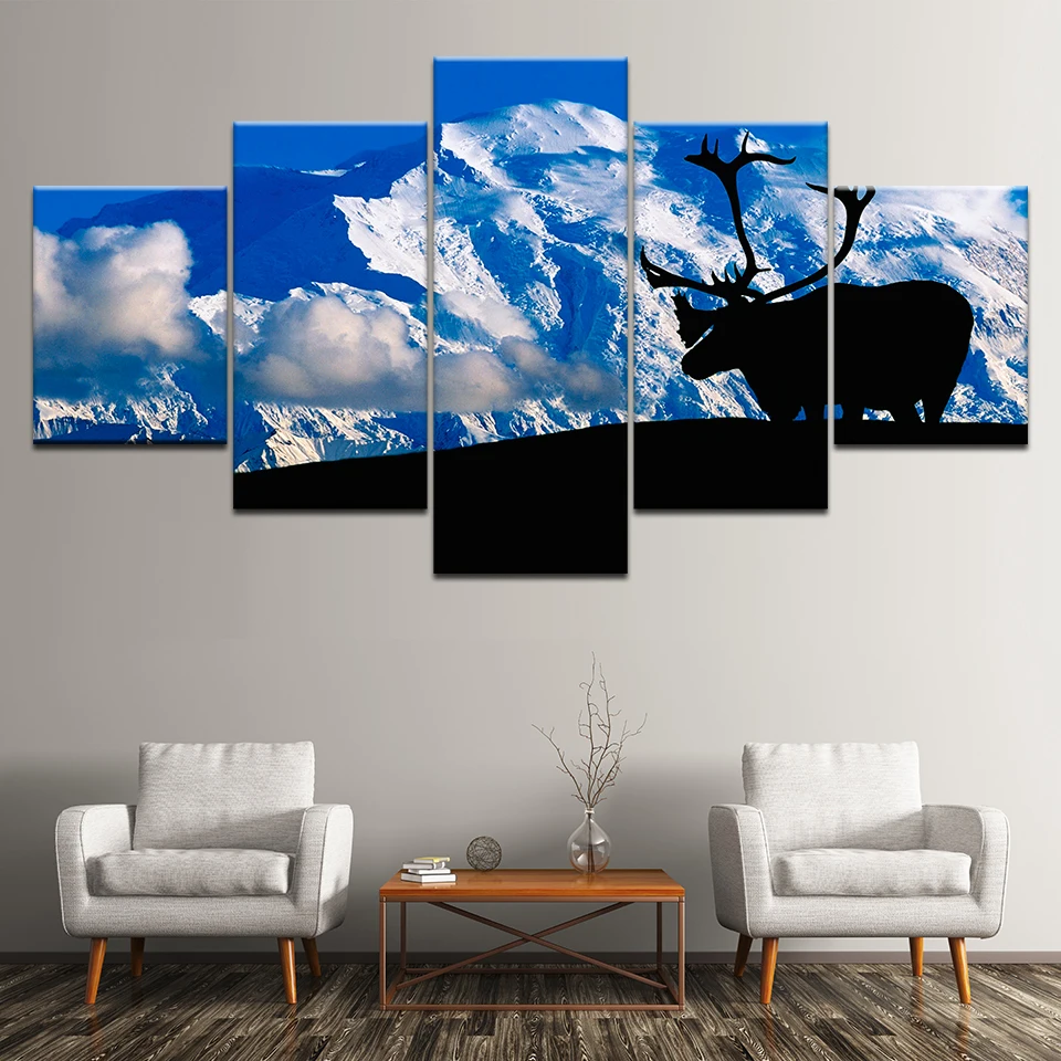 Canvas Painting The Deer and Ice Mountain 5 Pieces Wall Art Modular Wallpapers Poster Print for Living Room Home Decor | Дом и сад