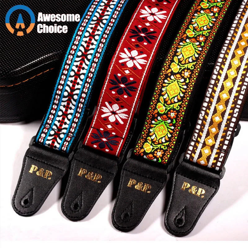 qualität 5 farben vintage blumen streifen akustische elektrische gitarre strap woven stickerei stoffe leder enden strap free global shipping