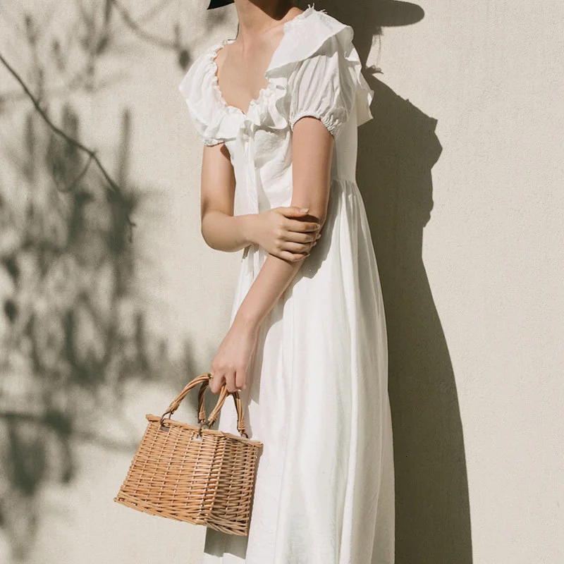 DEAT для отдыха рукав-фонарик квадратный воротник до середины икры платья женщин