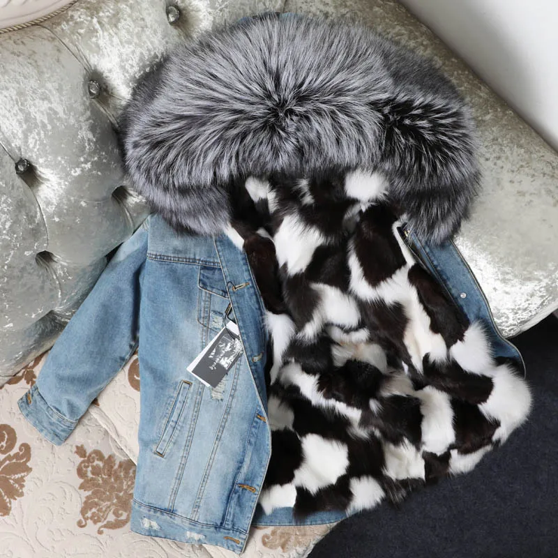 New Denim Pie Punk Fox Fur Grass Liner Coat Women Winter Real Casual Scorpion Collar Medium Long Jacket Thick | Верхняя одежда