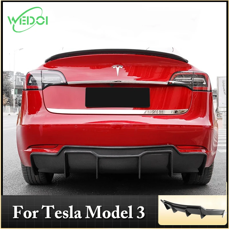 WEDOI Rear Carbon Fiber Rear Bumper Diffuser Spoiler Chin for Tesla Model 3 Rear Lip Diffuser Protector 2015-2019