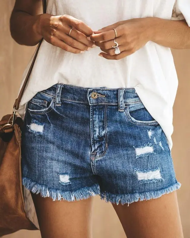 

2020 Summer Ripped Fringed Denim Shorts Women Hot Pants Fringed Jeans Shorts Hot Pants Women Fashion Trend High Waist Ripped