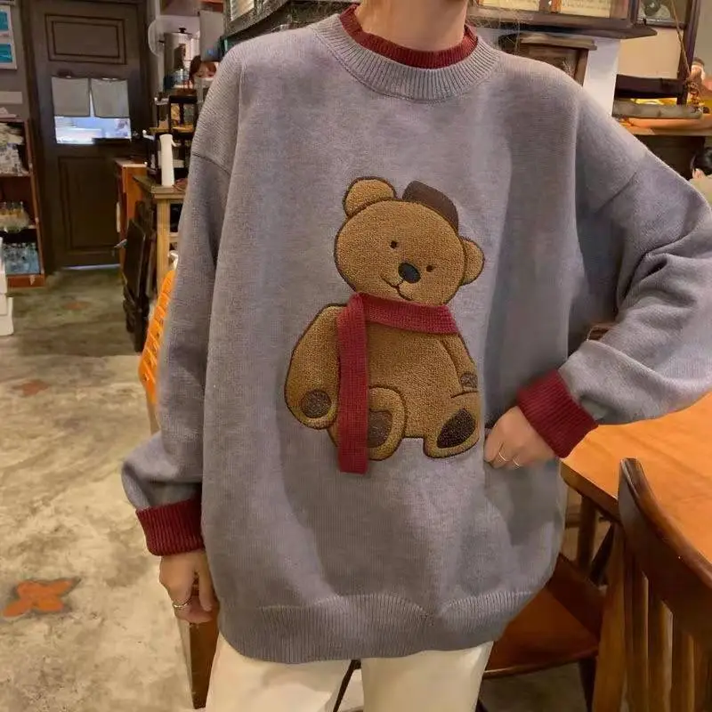 

Женский милый свитер контрастных цветов с объемным рисунком маленького медведя, новинка, вязаная одежда в японском стиле преппи для женщин,...