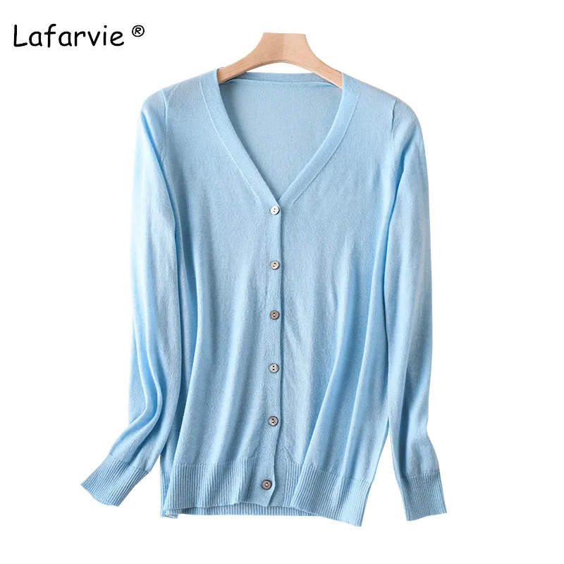

Lafarvie Wool Blended V-Neck Knitted Cardigan Sweater Women Tops Autumn Single Breasted Thin Full Sweter High Quality 5 Colors