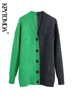 kpytomoa women 2021 fashion patchwork loose knit cardigan sweater vintage v neck long sleeve female outerwear chic tops