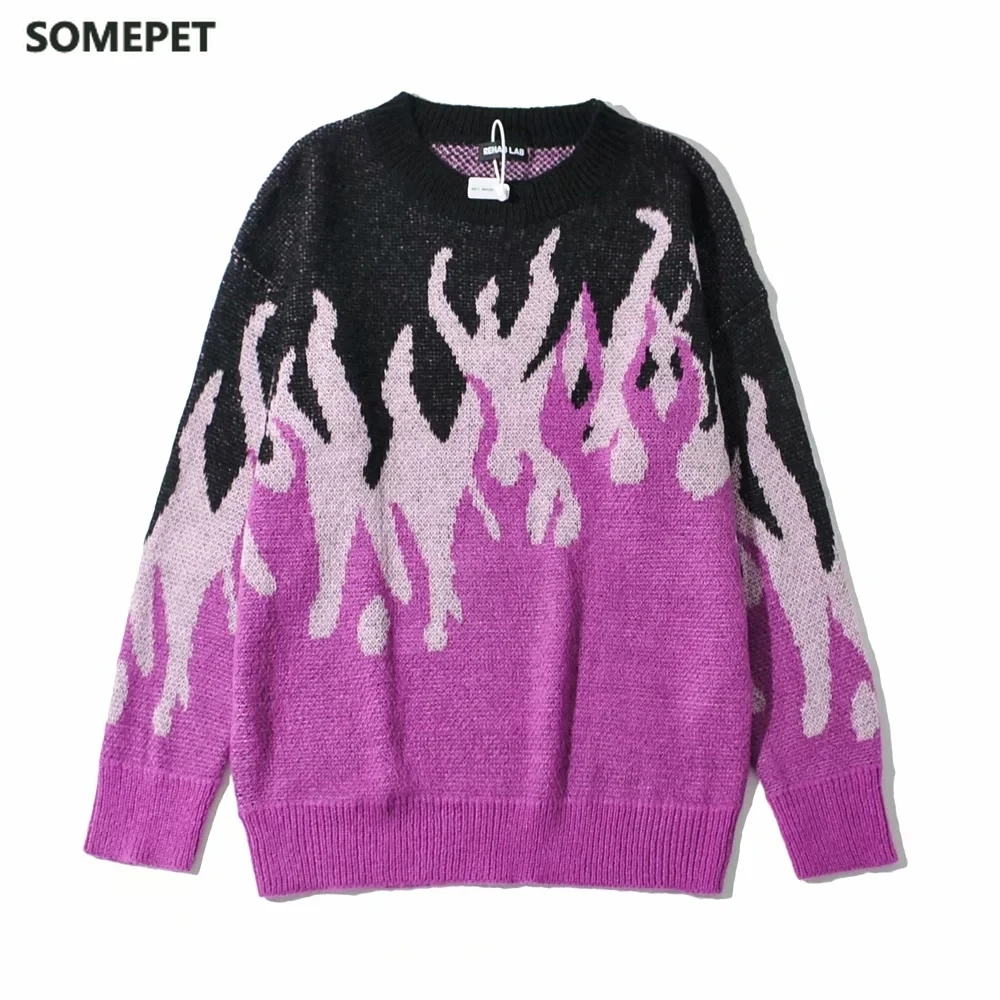 Fashion Women's Loose Vintage Pullover Punk Style Hip Hop Jumper  Flame Jacquard Purple Knitwear Warm High Street Sweater New