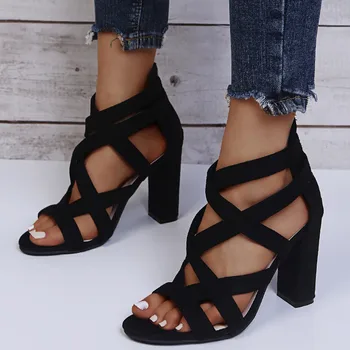 2021 Summer High Heels Women Gladiator Sandals Women Square Heels Breathable Zipper Casual Open Toe Sandals Black Talons Hauts 1