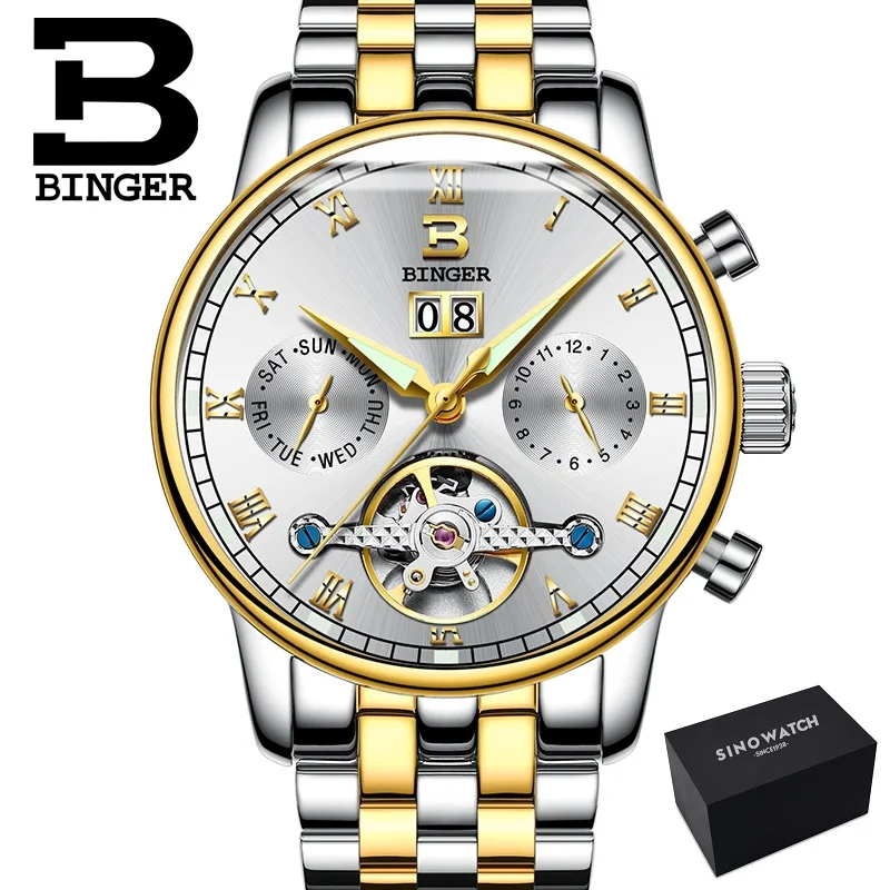 steel Cgold white Двойной турбийон, швейцарские часы Бингер, оригинальные мужские автоматические часы, модные мужские механические наручные часы с кожаным ремешком - Цвет: steel Cgold white