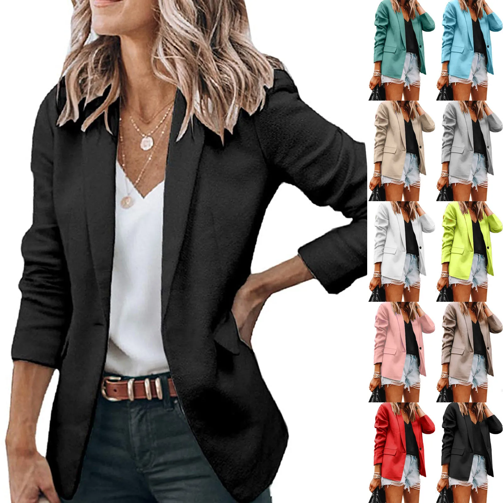 

Women's Casual Open Front Cardigan Long Sleeve Button Work Office Jacket Coat