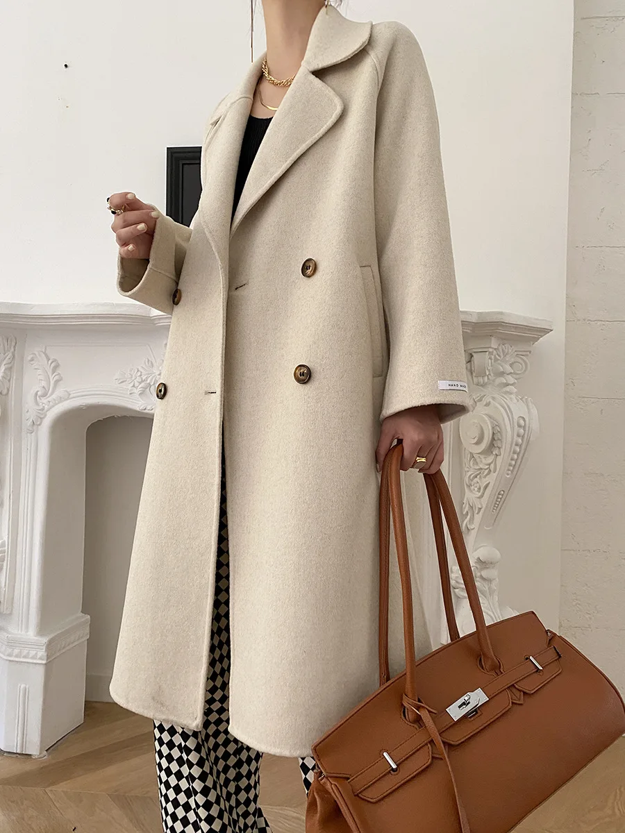 Современное 100% шерстяное женское элегантное длинное пальто на весну и осень