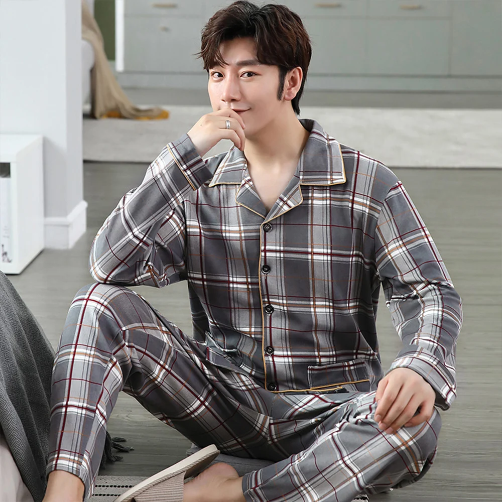 

Cotton Pijama for Men Plaid Autumn Winter Sleepwear Pajamas Pyjamas Set 3XL Casual Striped Male Homewear Home Clothes