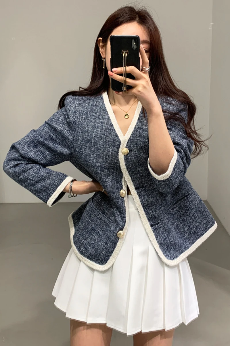 

Elegant V-Neck Single-Breasted Contrast Color Women Jackets 2021 Spring Casual Solid Color Long Sleeve Jacket Coat for Ladies