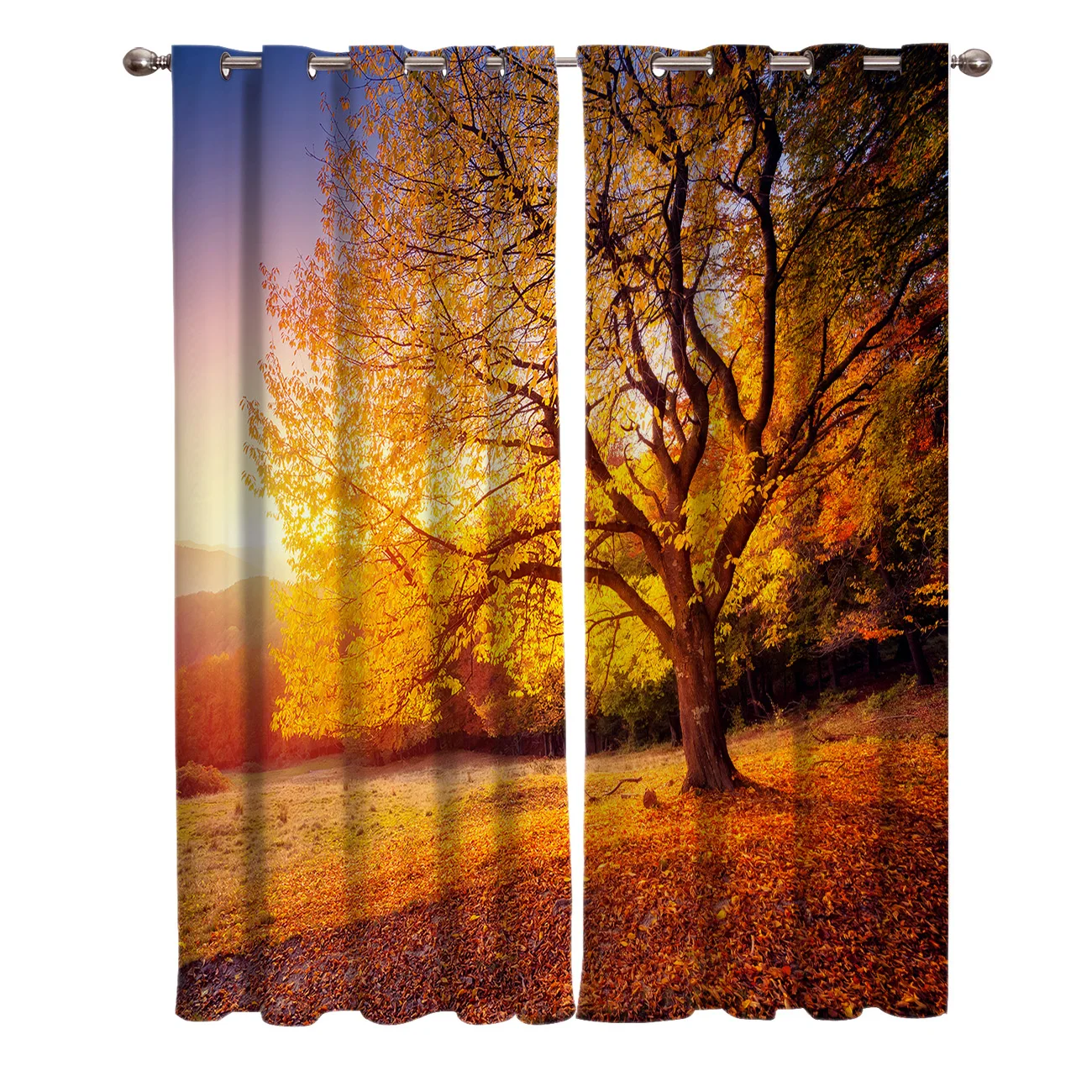 Солнечный лес закат осень пастбища окно в небо занавески Живописные Занавески