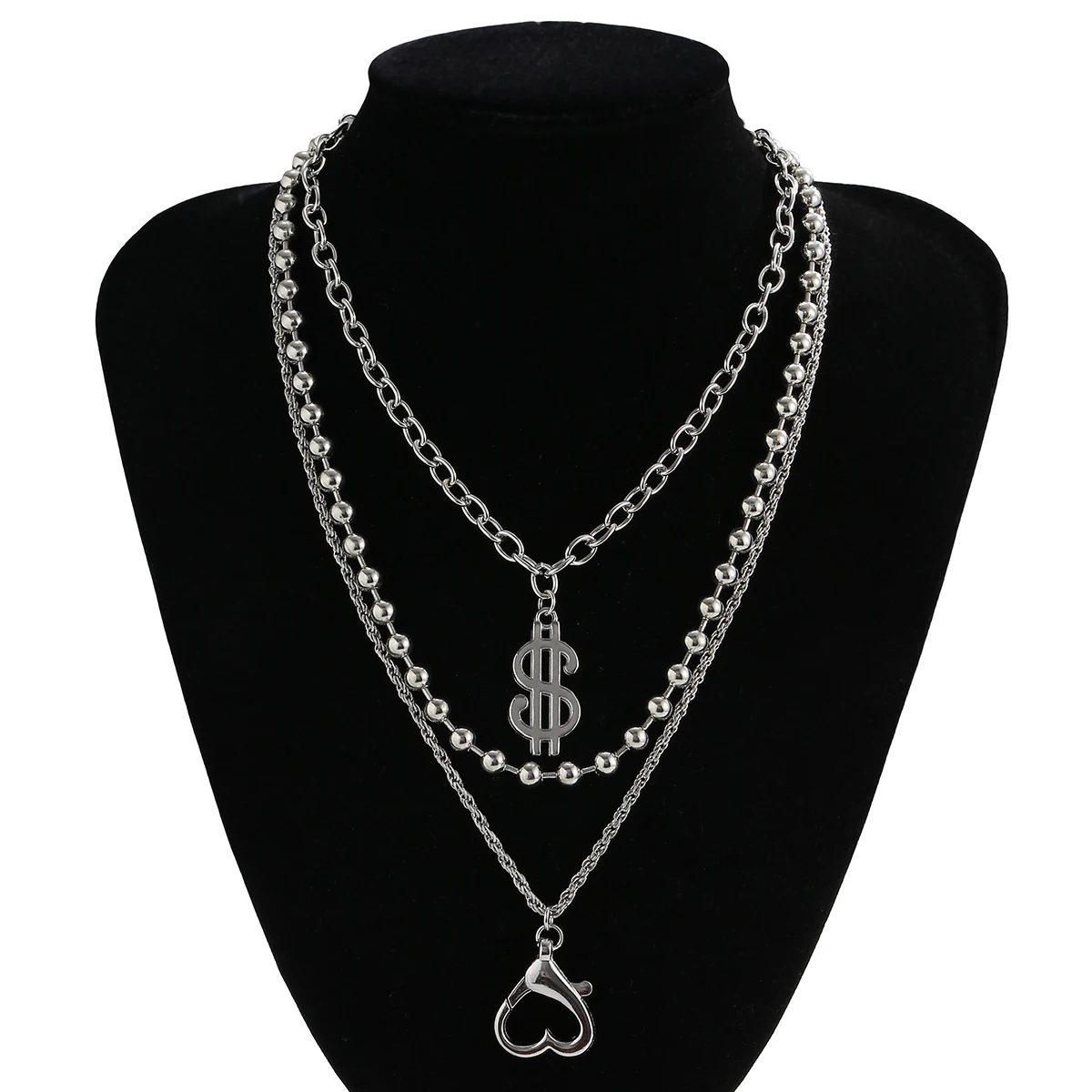 

Hip Hop Clasp Heart Pendant Choker Necklace Collar Unique USD Dollar Shape Multilayer Alloy Beaded Chain Necklace Women Jewelry