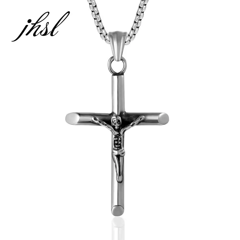 JHSL Men Jesus Cross Pendant Necklace Christian Silver Color Stainless Steel Fashion Jewelry Gift Wholesale New Arrivla 2021