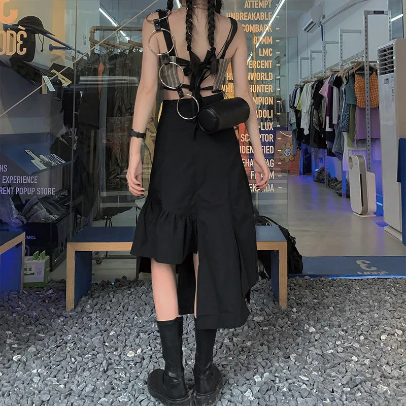 

Cargo Black Punk High Waist Streetwear Gothic Irregular split Loose Midi Skirt Korean Women Harajuku Black Grey pleated skirt