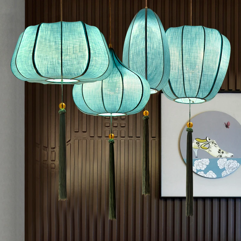 

Customized Lantern Chandelier Blue New Chinese Style Artistic Lamp Zen Restaurant Hot PoRestaurant Balcony Antique Lamps