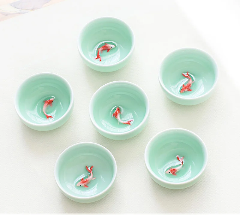 

Дизайнерский чайный набор из 6 предметов "Золотая рыбка", набор чайных чашек кунг-фу, кракелюр, глазурь, чайная чашка для путешествий, набор ч...