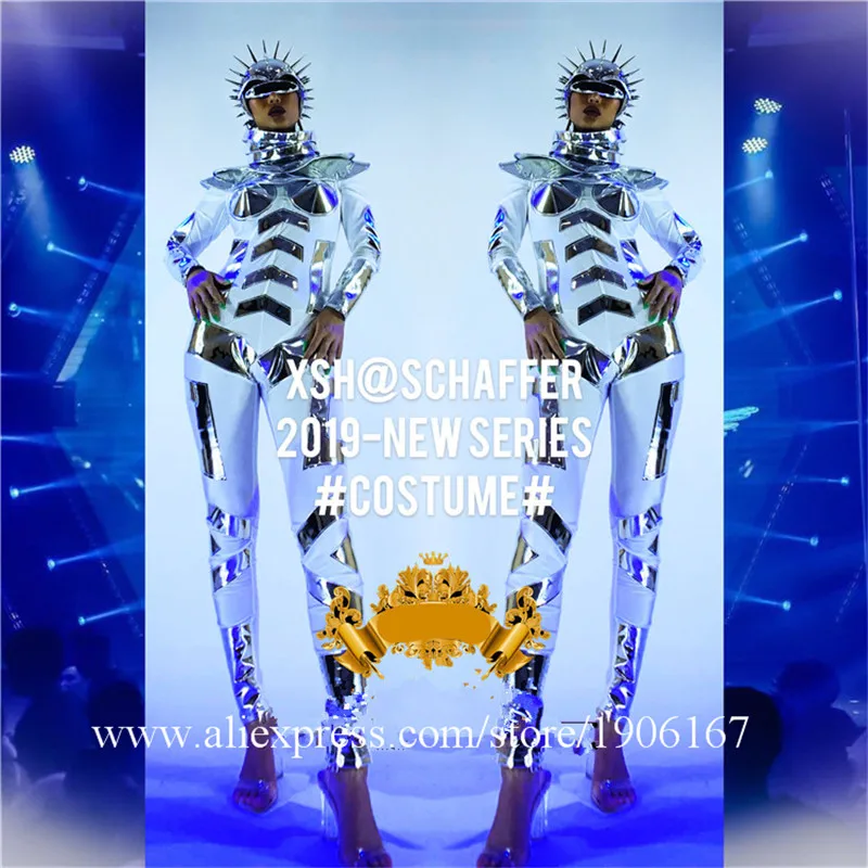 

Newest Party Event Silver Mirror Woman Clothes Dance Team Suit Headwear Christmas Halloween Ballroom Catwalk Costumes