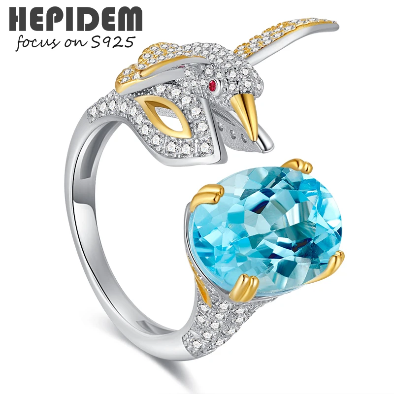 

HEPIDEM 100% Topaz 925 Sterling Silver Rings 2022 New Trend Women Blue Big Size Store Gem Gemstones S925 Bird Fine Jewelry 7010