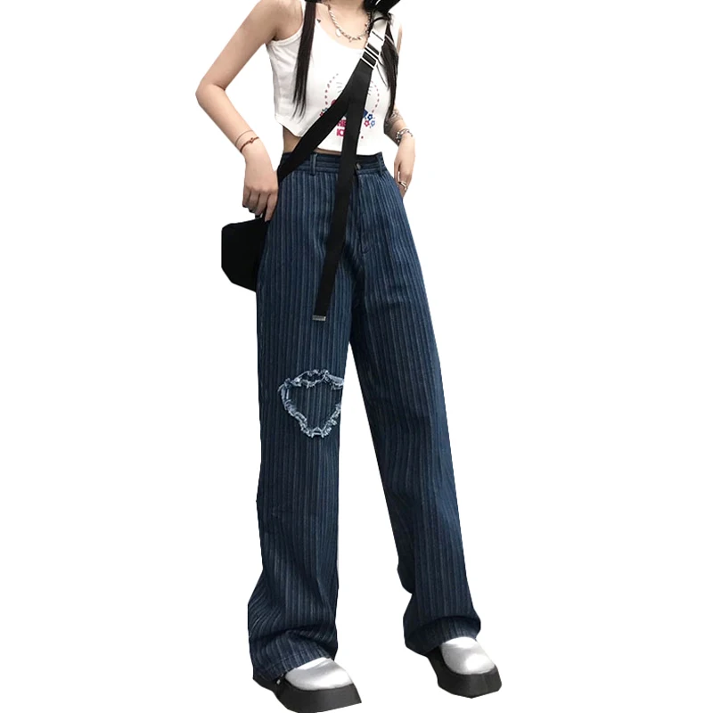 

Harajuku Love Embroidery Jeans Women Trousers Female Vintage Loose High Waist Wide Leg Pants Straight Washed Patch Flared Cotton