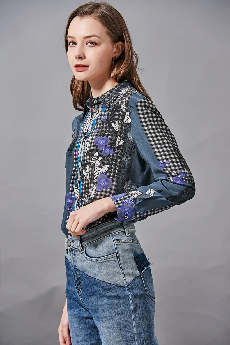 

100% Natural Silk Women's Shirt Turn Down Collar Long Sleeves Plaid Floral Printed Designer Blouse Tops