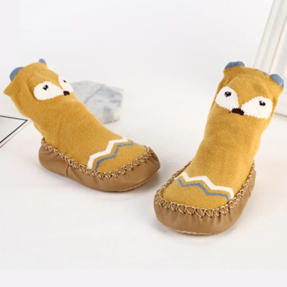 Толстые теплые Нескользящие тапочки-носки с мультяшными животными детская обувь