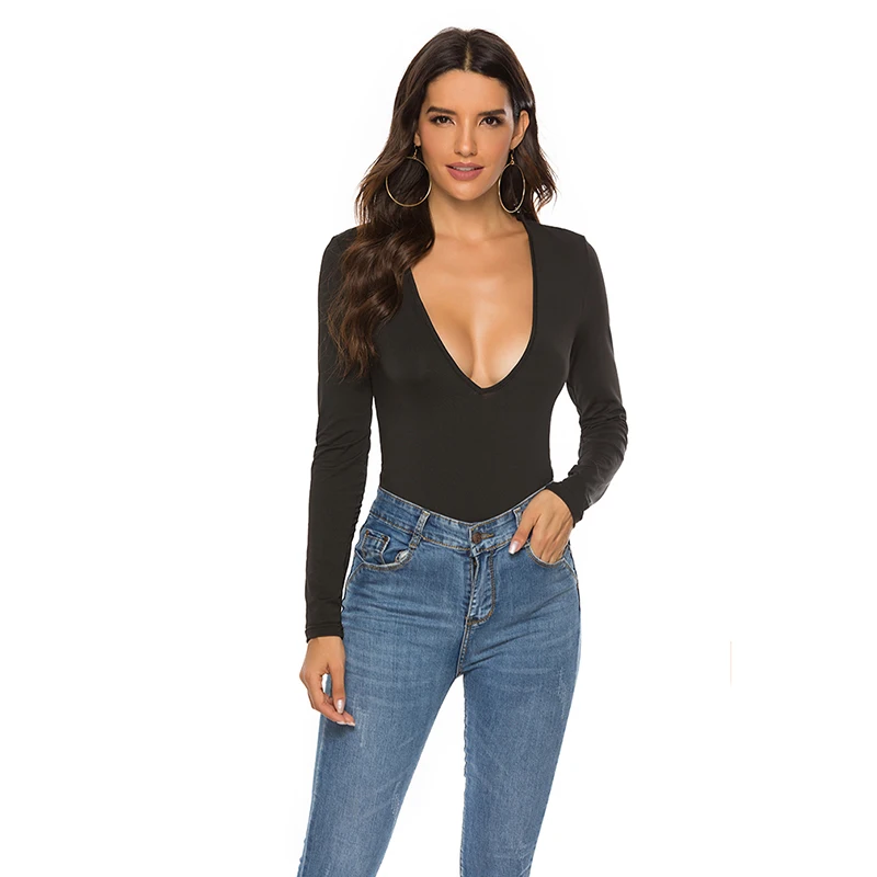 

Fashion Sexy Women Solid Long Sleeved Bodysuits Wine Red Black Casual Skinny Summer V-neck Sexy Bodysuits