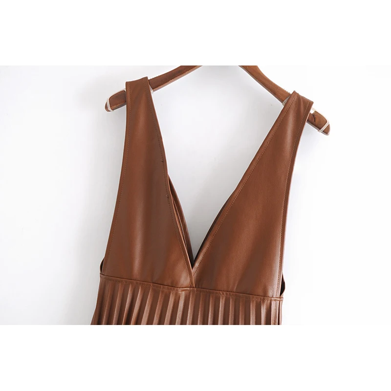 

Women's Leather Dress Za Fashion 2021 Vintage V Neck Draped Dress Shoulder Overall PU Mujer Vestidos