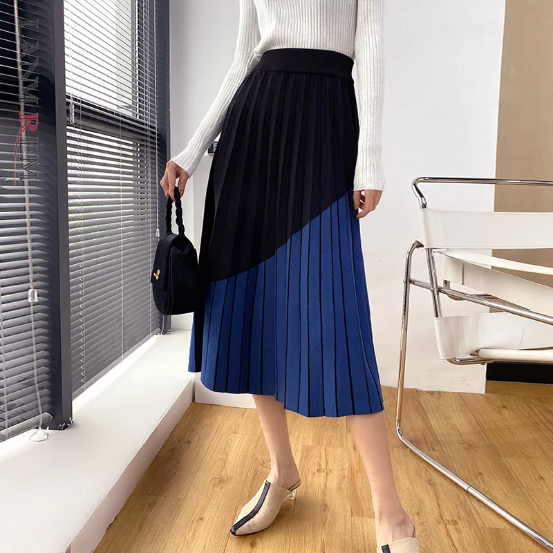 

LANMREM 2021 Autumn And Winter New Contrast Color Elastic High Waist Mid-calf Length Knitted Pleated Skirt For Women 2A3157