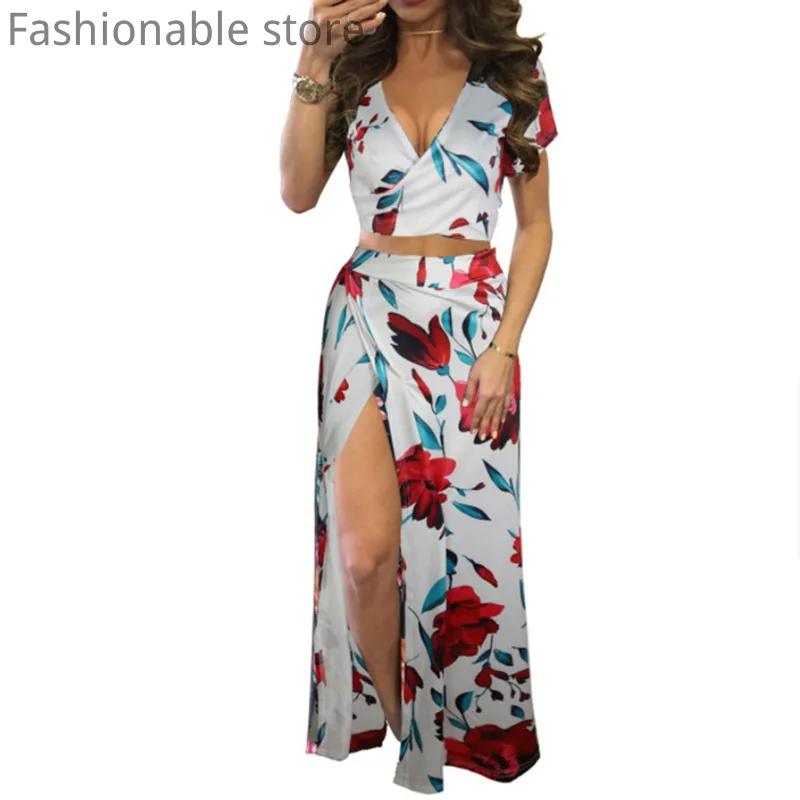 

Women Floral Print V-Neck Crop Top & High Slit Skirt Set Oversize Female Outfits