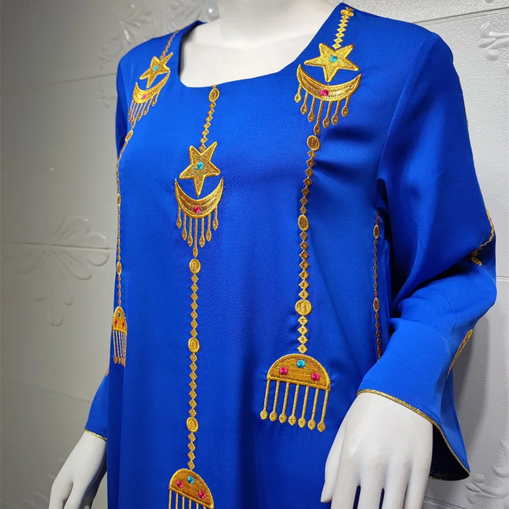 

Cartoons Embroidered Oversize Abaya Dress for Women Moroccan Kaftan Turkey Arabic Jalabiya Blue Islamic Ethnic Robe 2021 Eid New